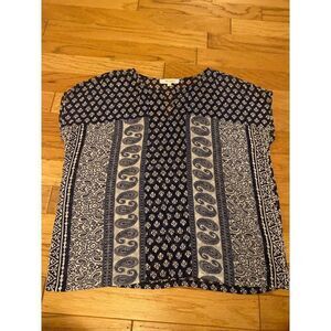 Two by Vince Camuto women's blue patterned sheer cap sleeve blouse size large